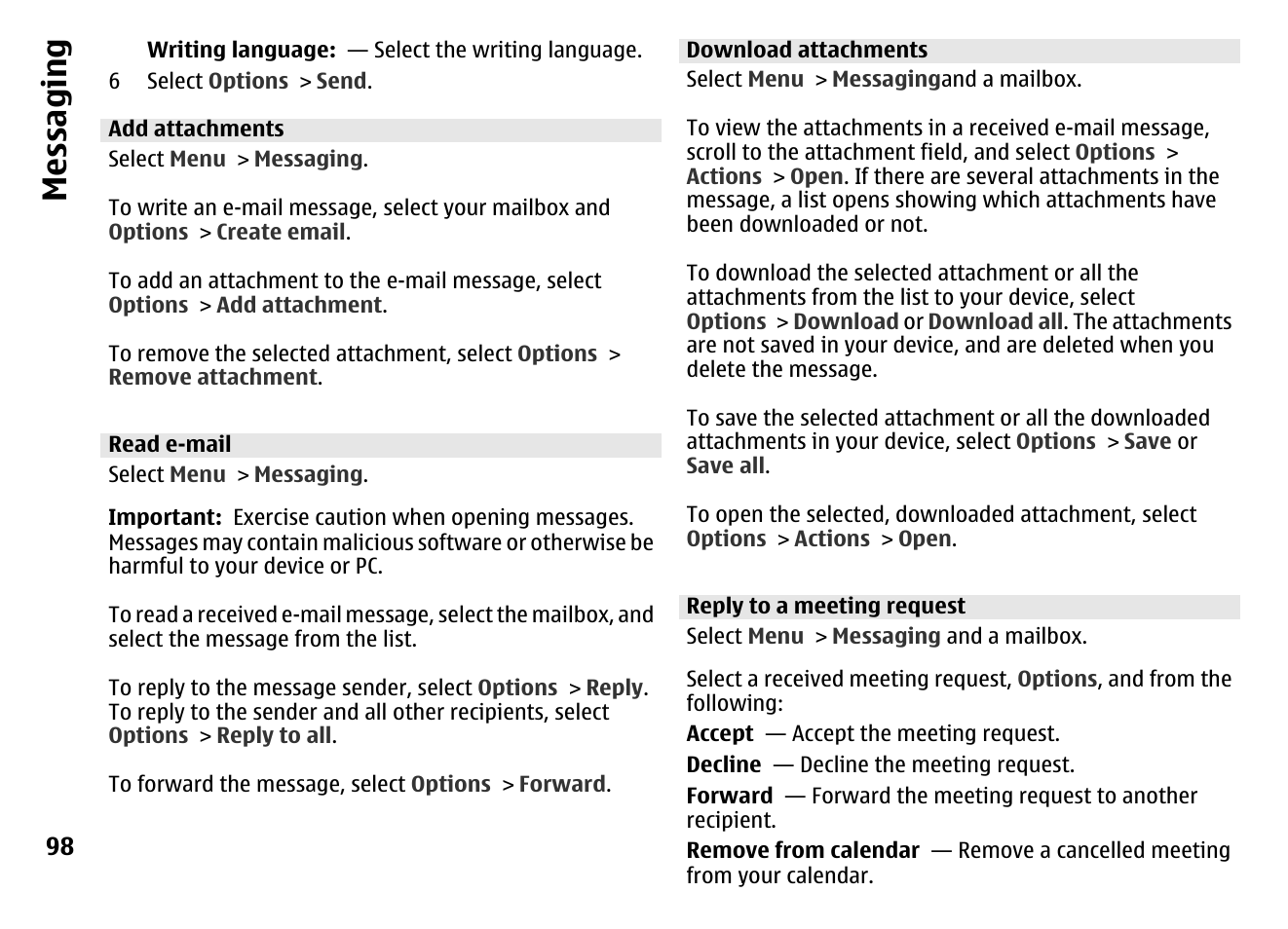 Add attachments, Read e-mail, Download attachments | Reply to a meeting request, Messaging | Nokia MOBILE PHONE N86 User Manual | Page 98 / 159