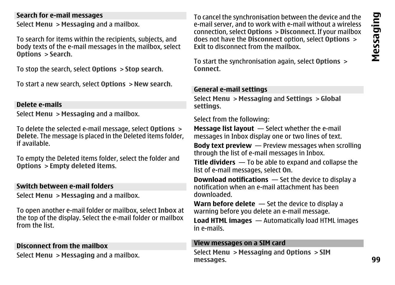 Search for e-mail messages, Delete e-mails, Switch between e-mail folders | Disconnect from the mailbox, General e-mail settings, View messages on a sim card, Messaging | Nokia MOBILE PHONE N86 User Manual | Page 99 / 159