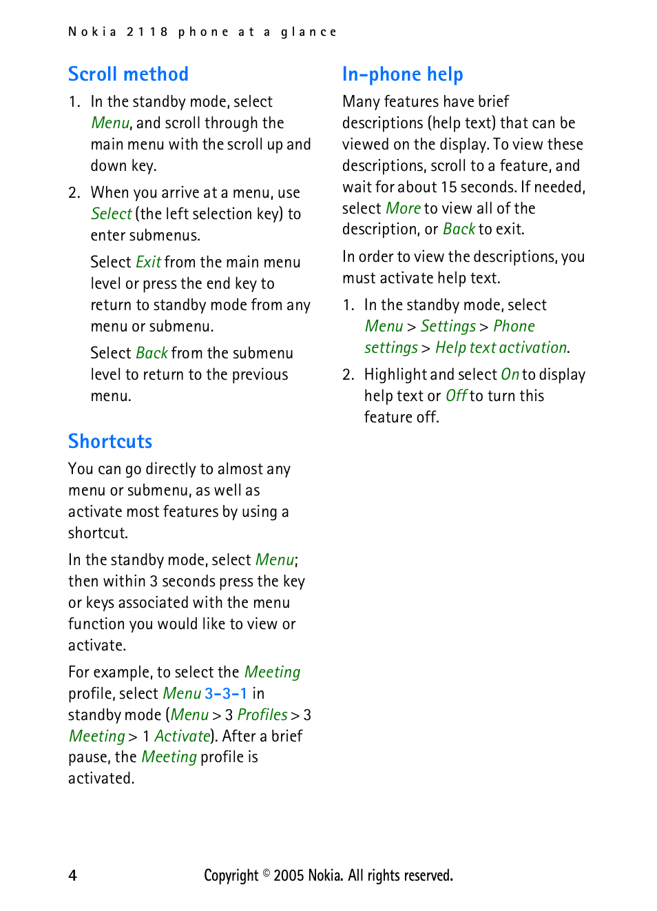 Scroll method, Shortcuts, In-phone help | Scroll method shortcuts in-phone help | Nokia 2118 User Manual | Page 12 / 77