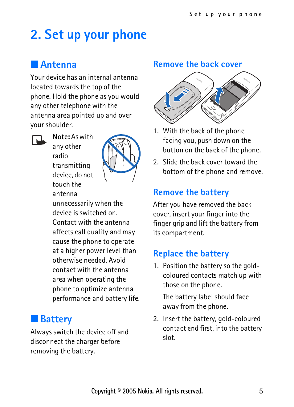 Set up your phone, Antenna, Battery | Graphic, Remove the battery, Replace the battery, Antenna battery, Remove the back cover | Nokia 2118 User Manual | Page 13 / 77