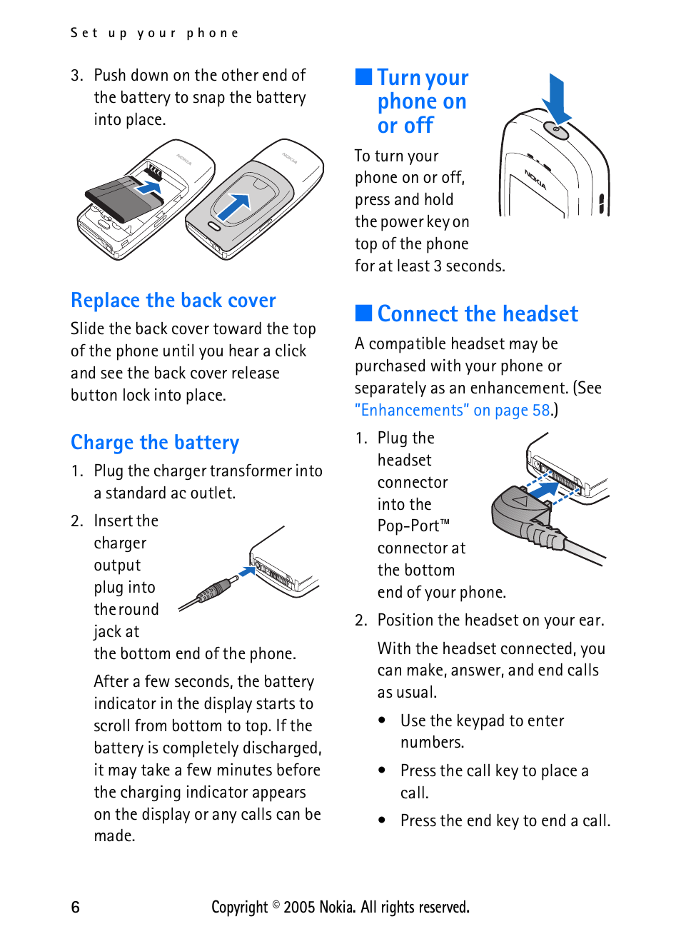 Replace the back cover, Charge the battery, Turn your phone on or off | Connect the headset, Replace the back cover charge the battery, Turn your phone on or off connect the headset | Nokia 2118 User Manual | Page 14 / 77