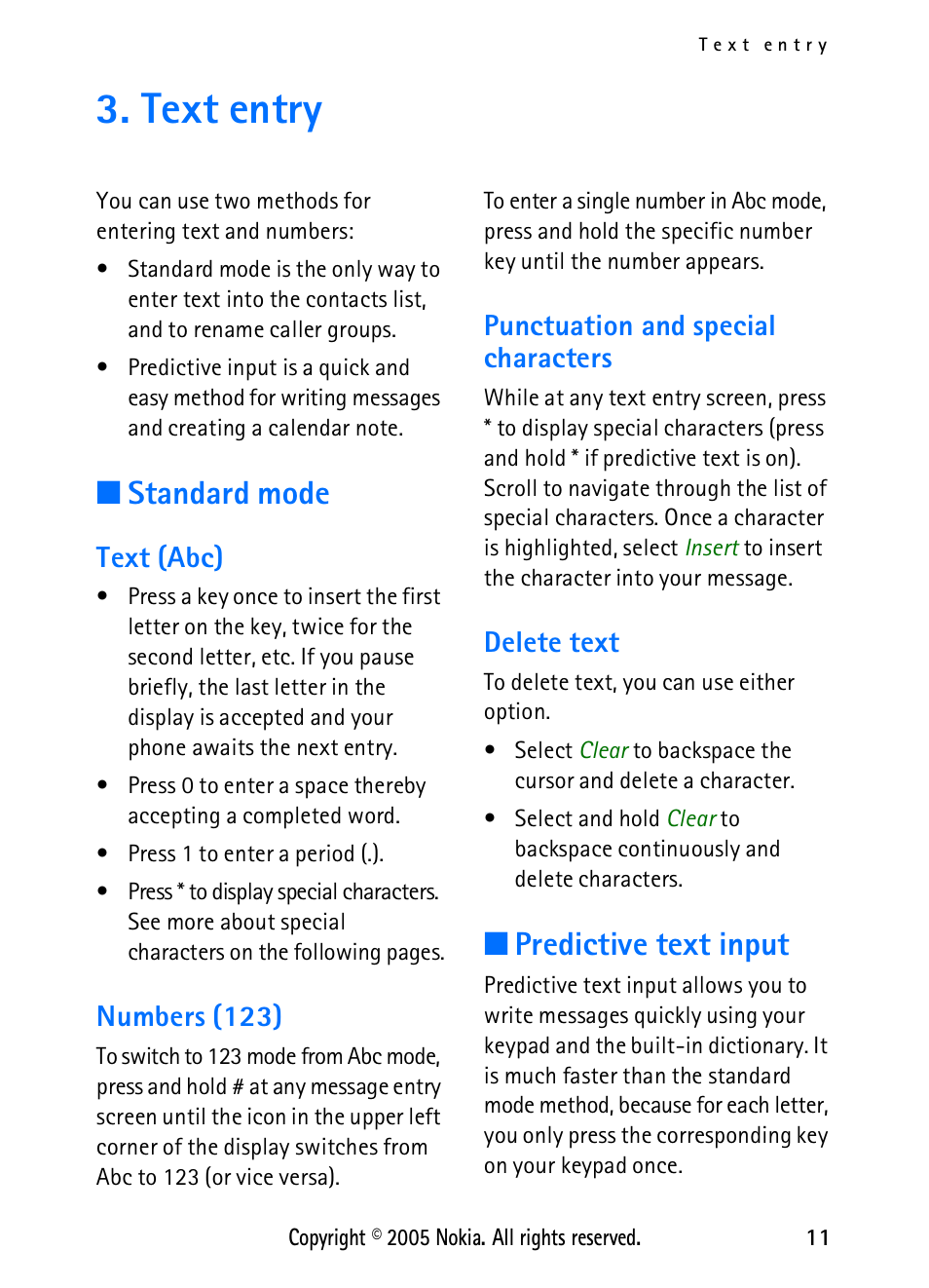 Text entry, Standard mode, Text (abc) | Numbers (123), Punctuation and special characters, Delete text, Predictive text input | Nokia 2118 User Manual | Page 19 / 77