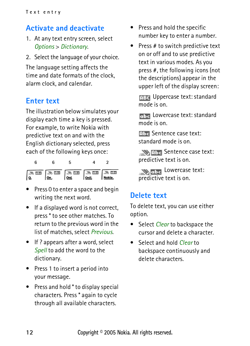 Activate and deactivate, Enter text, Delete text | Activate and deactivate enter text delete text | Nokia 2118 User Manual | Page 20 / 77