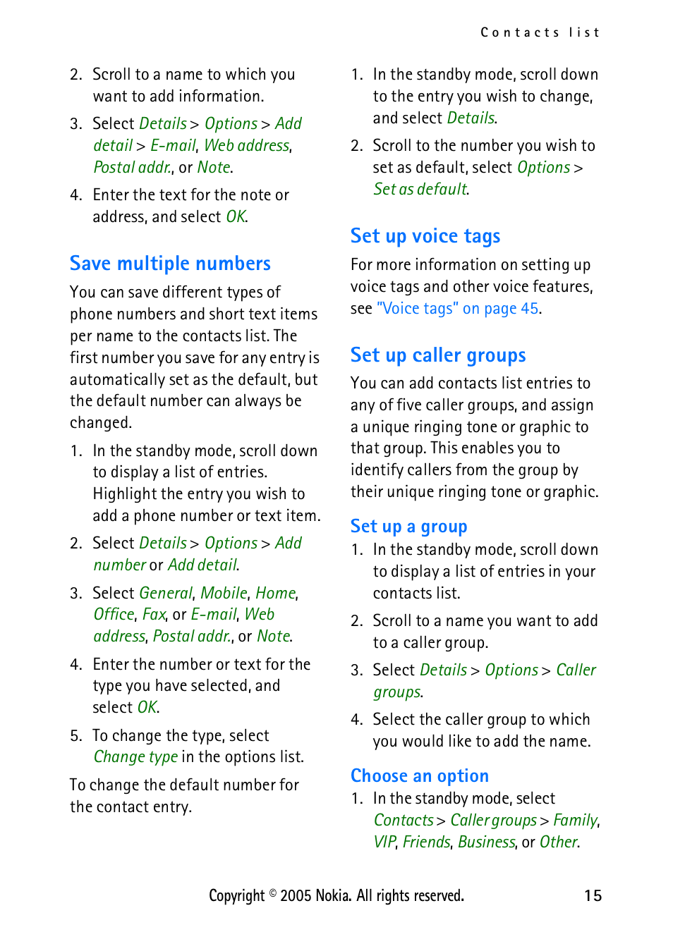 Save multiple numbers, Set up voice tags, Set up caller groups | Nokia 2118 User Manual | Page 23 / 77