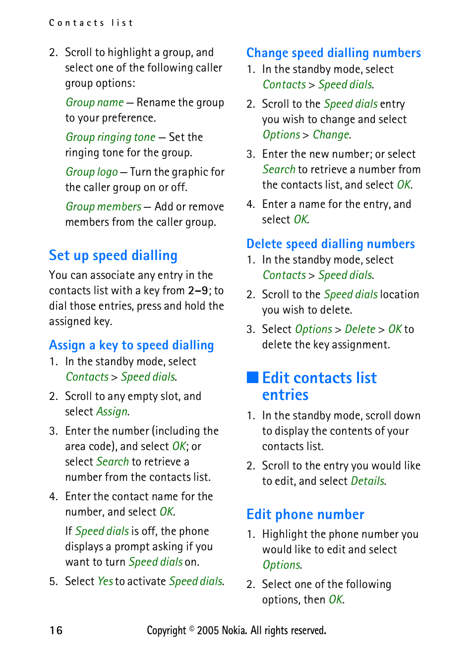 Set up speed dialling, Edit contacts list entries, Edit phone number | Nokia 2118 User Manual | Page 24 / 77