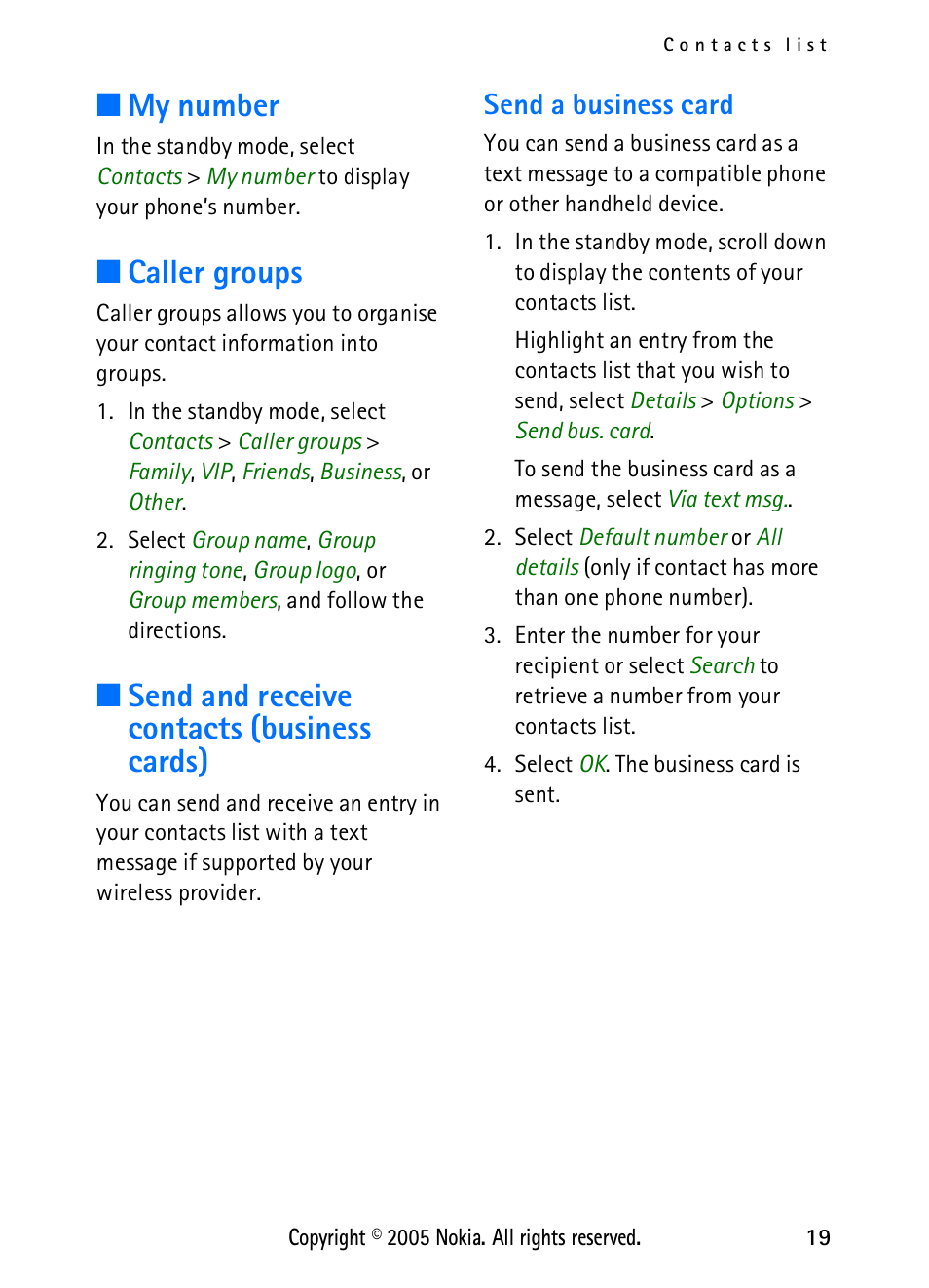 My number, Caller groups, Send and receive contacts (business cards) | Send a business card | Nokia 2118 User Manual | Page 27 / 77