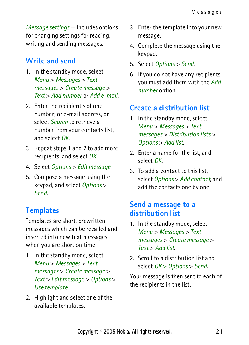 Write and send, Templates, Create a distribution list | Send a message to a distribution list | Nokia 2118 User Manual | Page 29 / 77