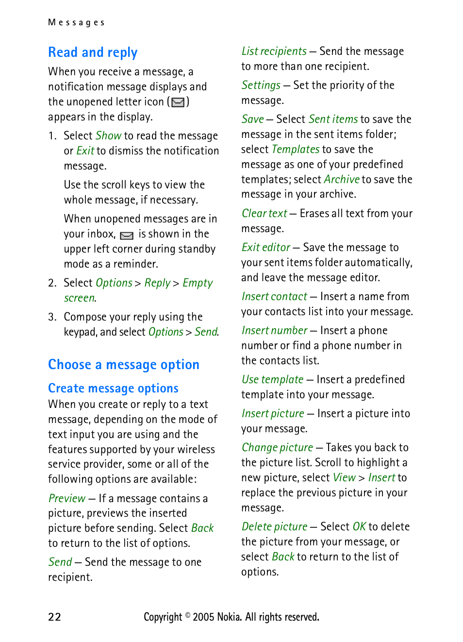 Read and reply, Choose a message option, Read and reply choose a message option | Nokia 2118 User Manual | Page 30 / 77