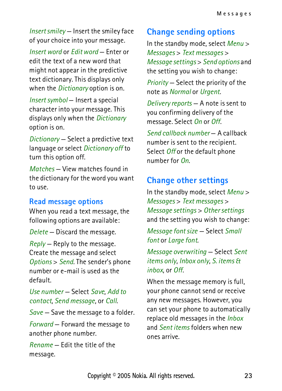 Change sending options, Change other settings, Change sending options change other settings | Nokia 2118 User Manual | Page 31 / 77