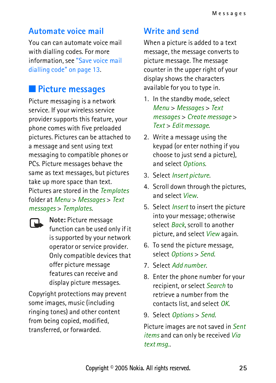 Automate voice mail, Picture messages, Write and send | Nokia 2118 User Manual | Page 33 / 77