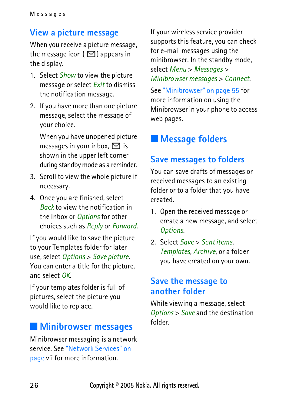 View a picture message, Minibrowser messages, Message folders | Save messages to folders, Save the message to another folder, Minibrowser messages message folders | Nokia 2118 User Manual | Page 34 / 77