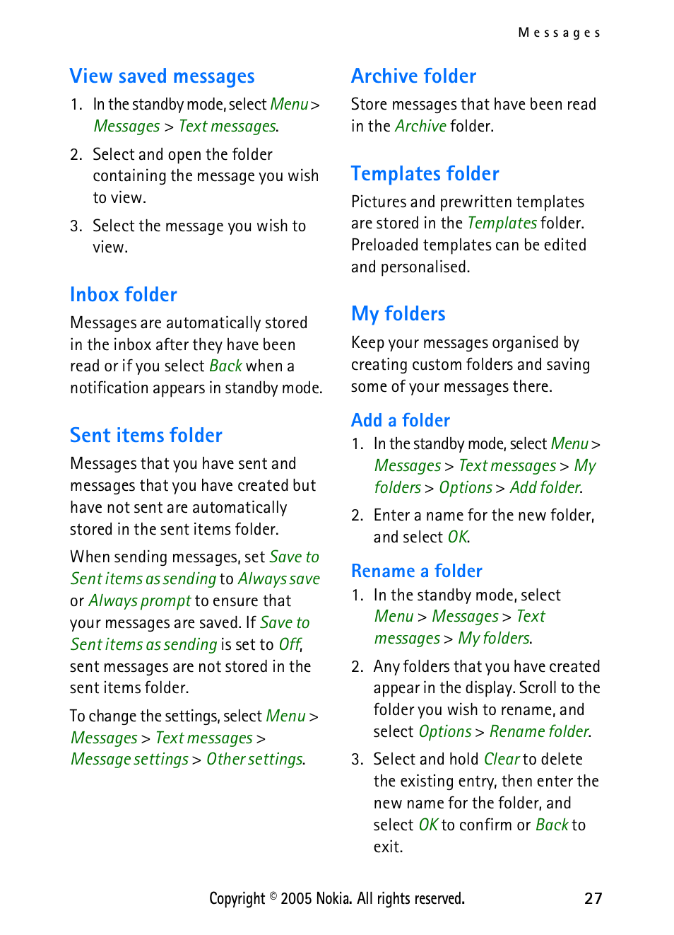 View saved messages, Inbox folder, Sent items folder | Archive folder, Templates folder, My folders | Nokia 2118 User Manual | Page 35 / 77