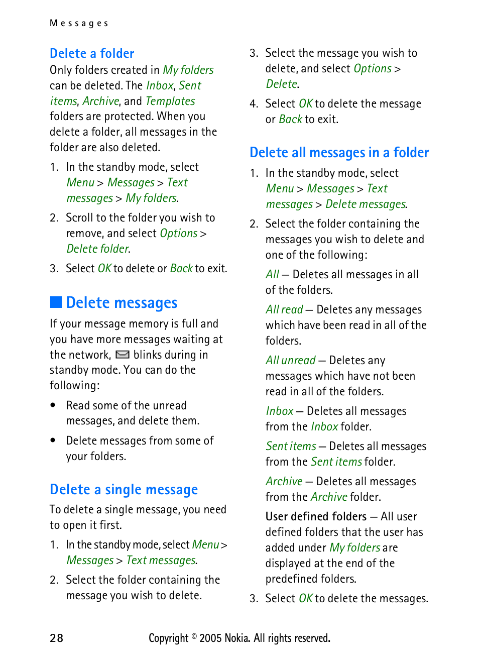 Delete messages, Delete a single message, Delete all messages in a folder | Nokia 2118 User Manual | Page 36 / 77