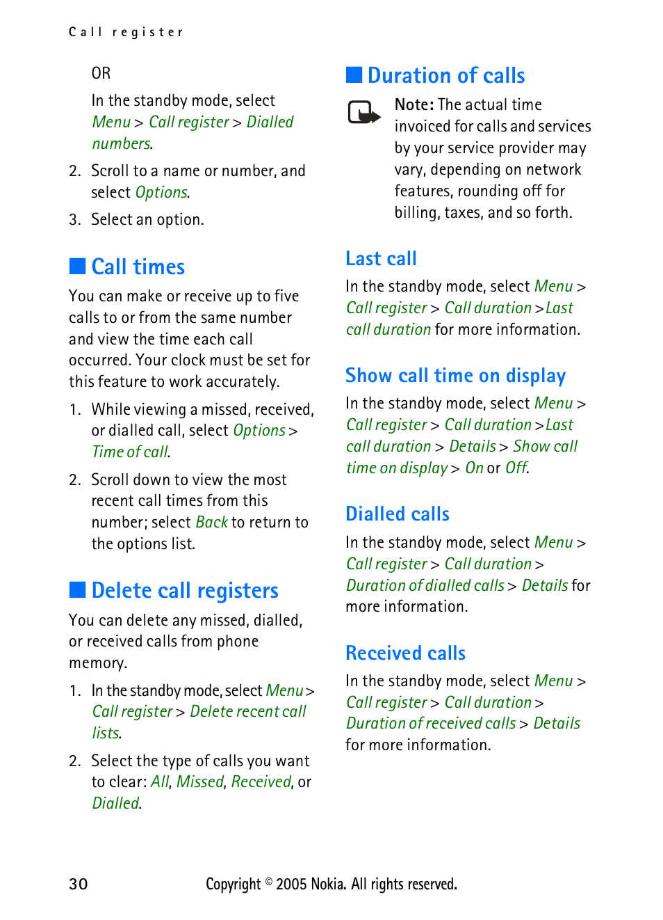 Call times, Delete call registers, Duration of calls | Last call, Show call time on display, Dialled calls, Received calls, Call times delete call registers duration of calls, Last call show call time on display, Dialled calls received calls | Nokia 2118 User Manual | Page 38 / 77