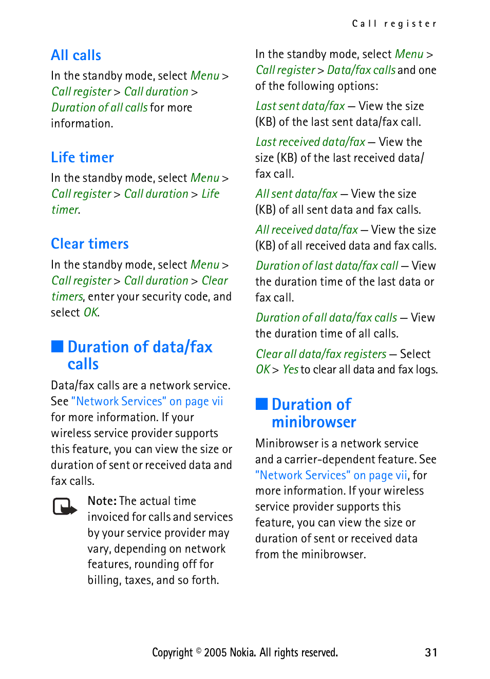 All calls, Life timer, Clear timers | Duration of data/fax calls, Duration of minibrowser, All calls life timer clear timers, Duration of data/fax calls duration of minibrowser | Nokia 2118 User Manual | Page 39 / 77