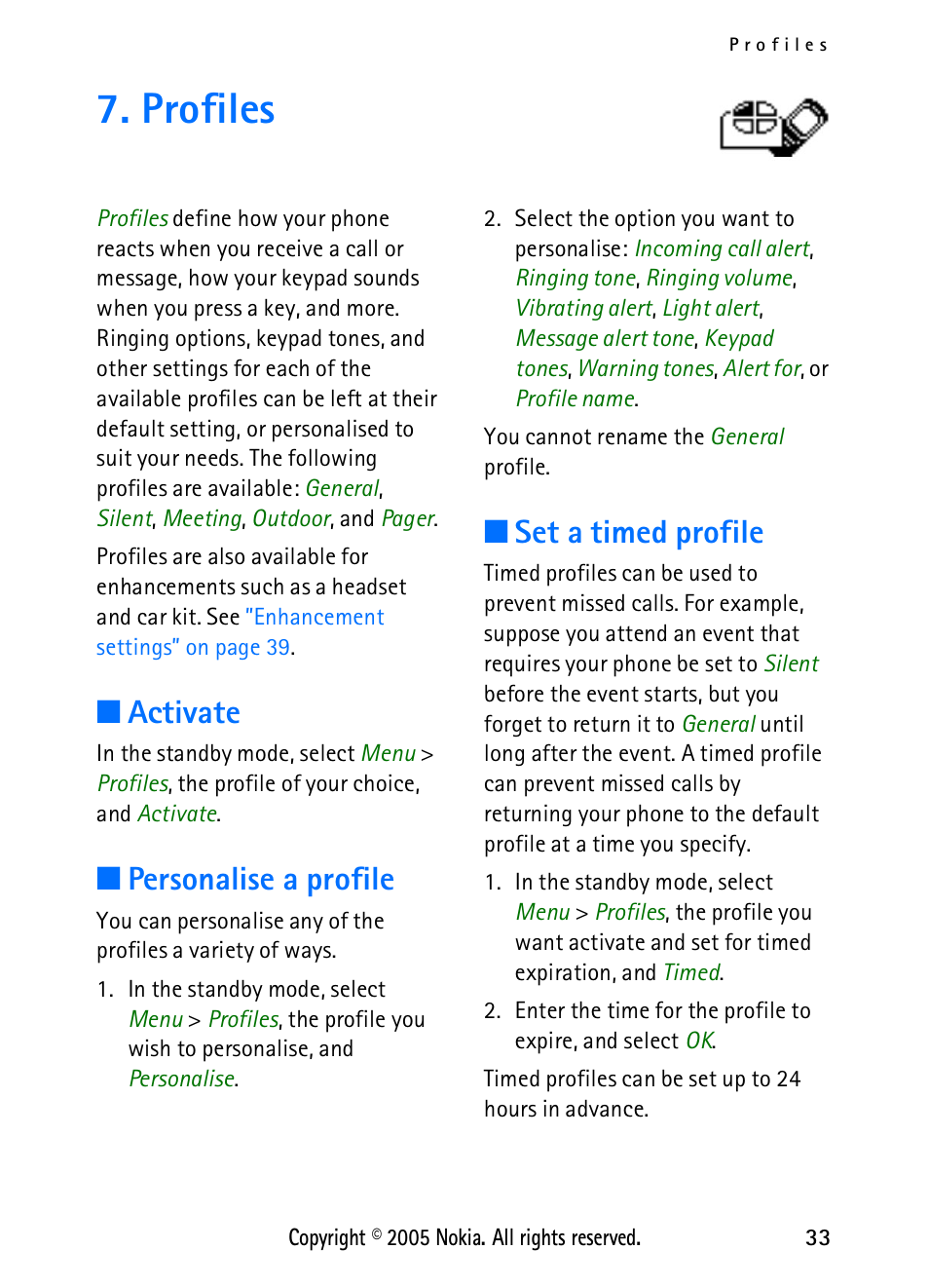 Profiles, Activate, Personalise a profile | Set a timed profile, Activate personalise a profile set a timed profile, Profiles” on | Nokia 2118 User Manual | Page 41 / 77