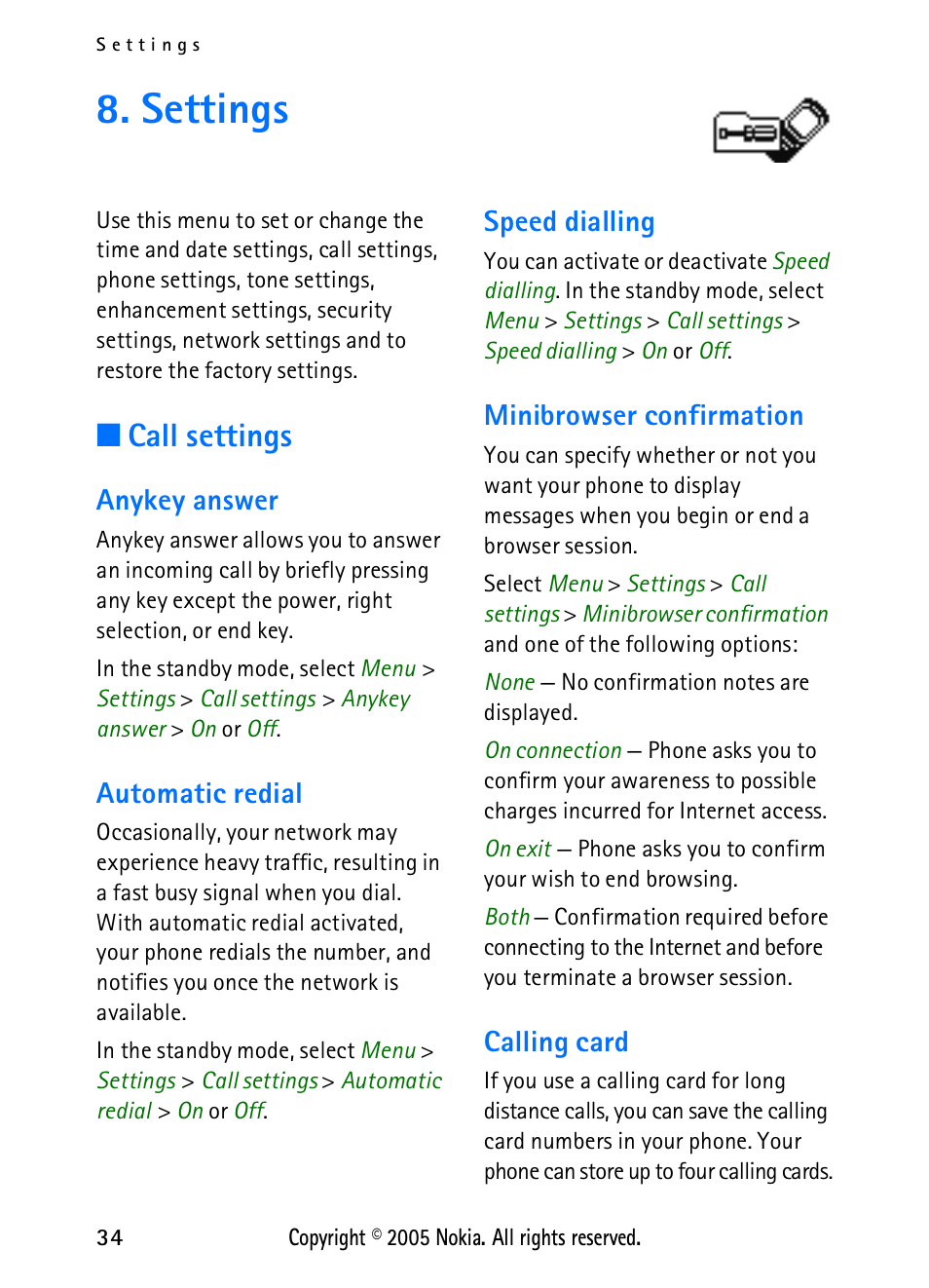 Settings, Call settings, Anykey answer | Automatic redial, Speed dialling, Minibrowser confirmation, Calling card | Nokia 2118 User Manual | Page 42 / 77