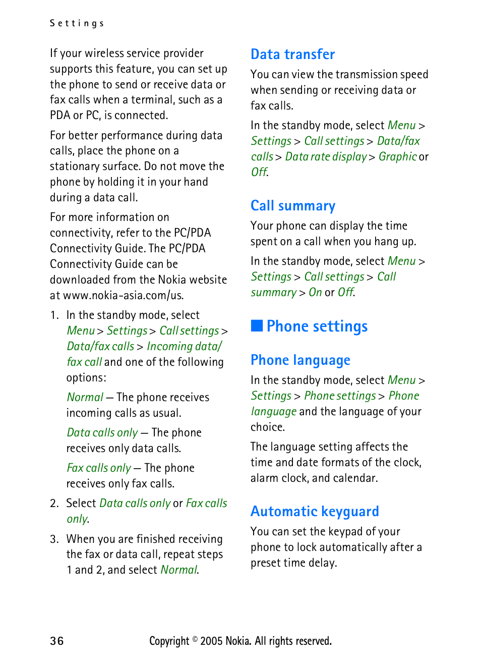 Data transfer, Call summary, Phone settings | Phone language, Automatic keyguard, Data transfer call summary, Phone language automatic keyguard | Nokia 2118 User Manual | Page 44 / 77