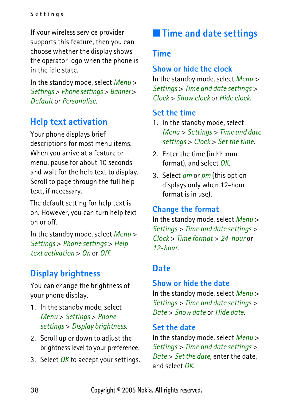 Help text, Display brightness, Time and date settings | Time, Date, Help text activation display brightness, Time date, Help text activation | Nokia 2118 User Manual | Page 46 / 77