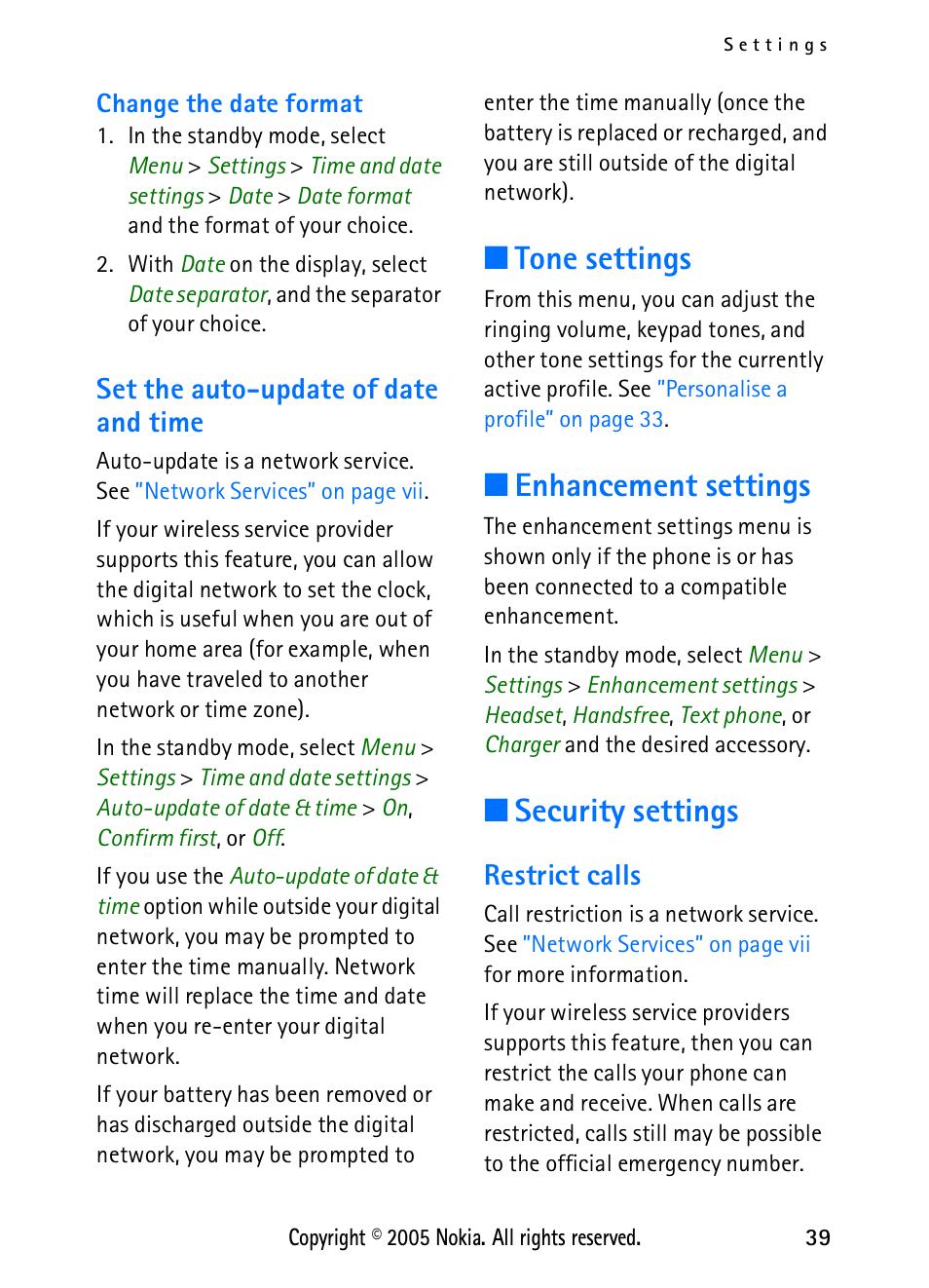 Set the auto-update of date and time, Tone settings, Enhancement settings | Security settings, Restrict calls | Nokia 2118 User Manual | Page 47 / 77
