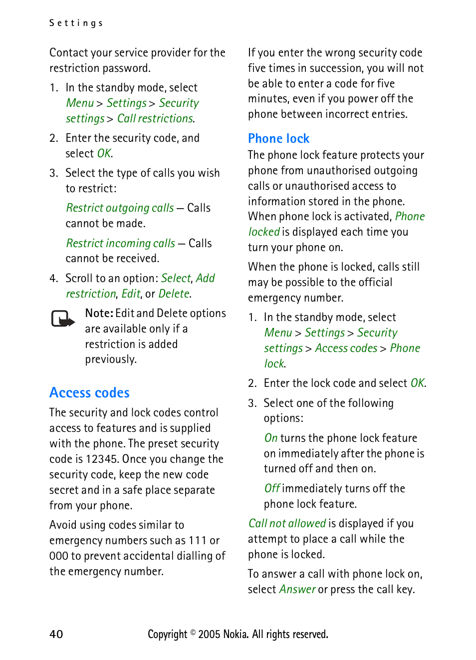 Access codes, Access codes” on | Nokia 2118 User Manual | Page 48 / 77