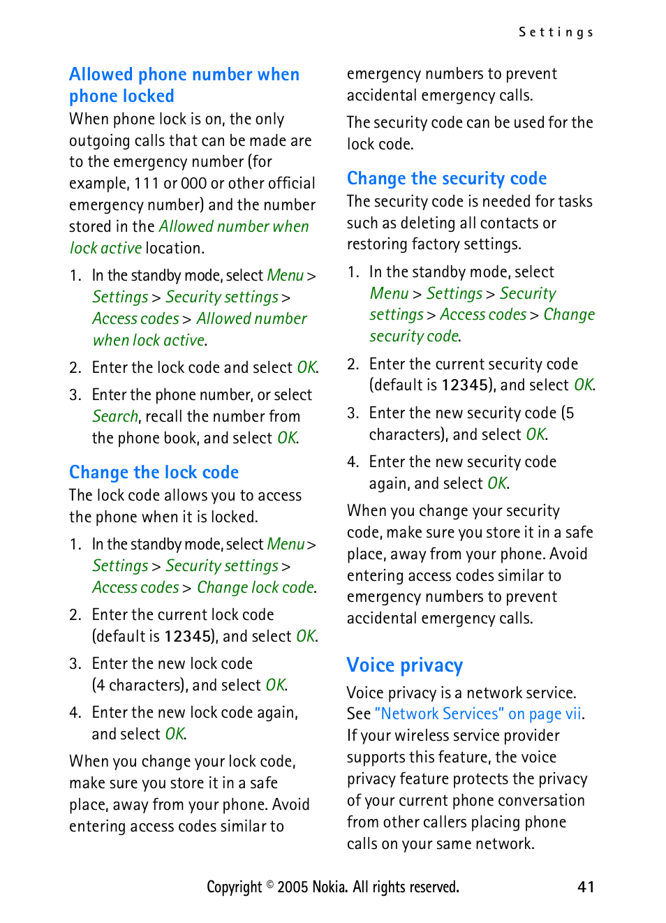 Voice privacy | Nokia 2118 User Manual | Page 49 / 77