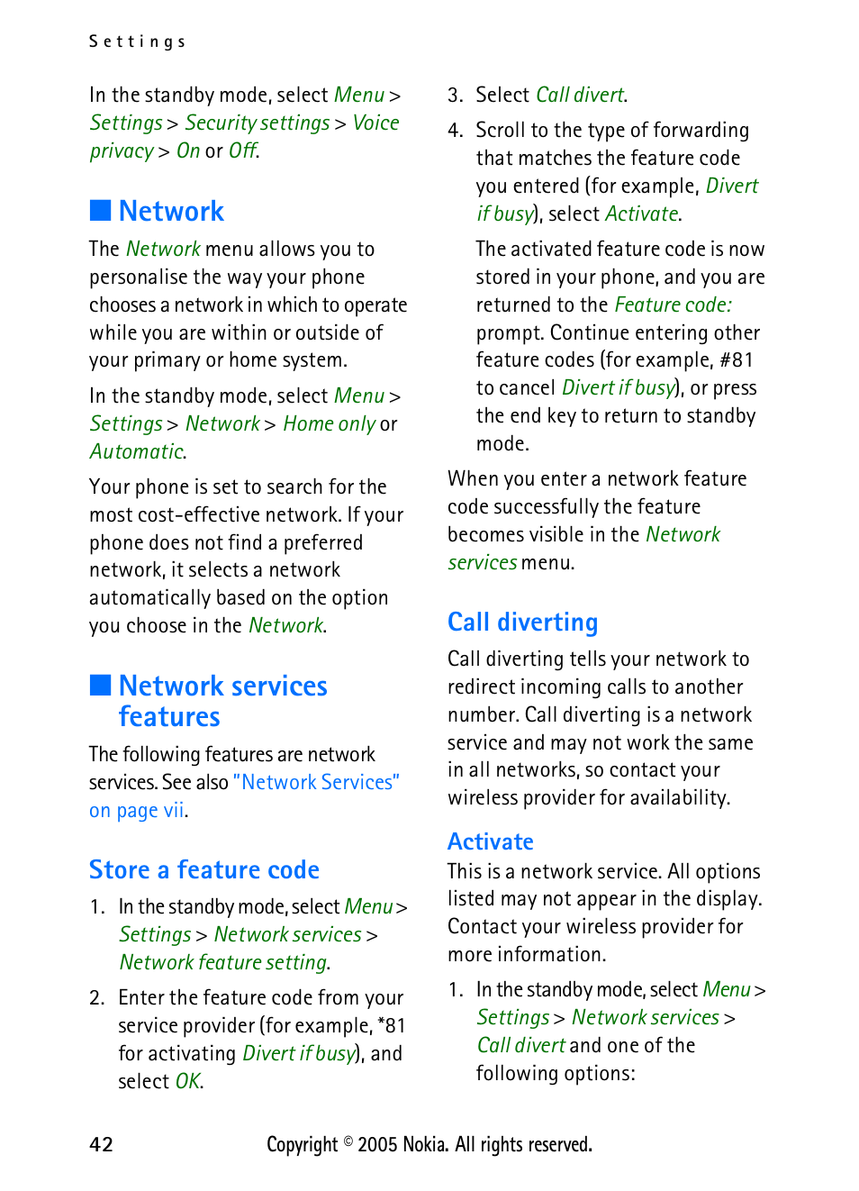 Network, Network services features, Store a feature code | Call diverting, Store a feature code call diverting | Nokia 2118 User Manual | Page 50 / 77