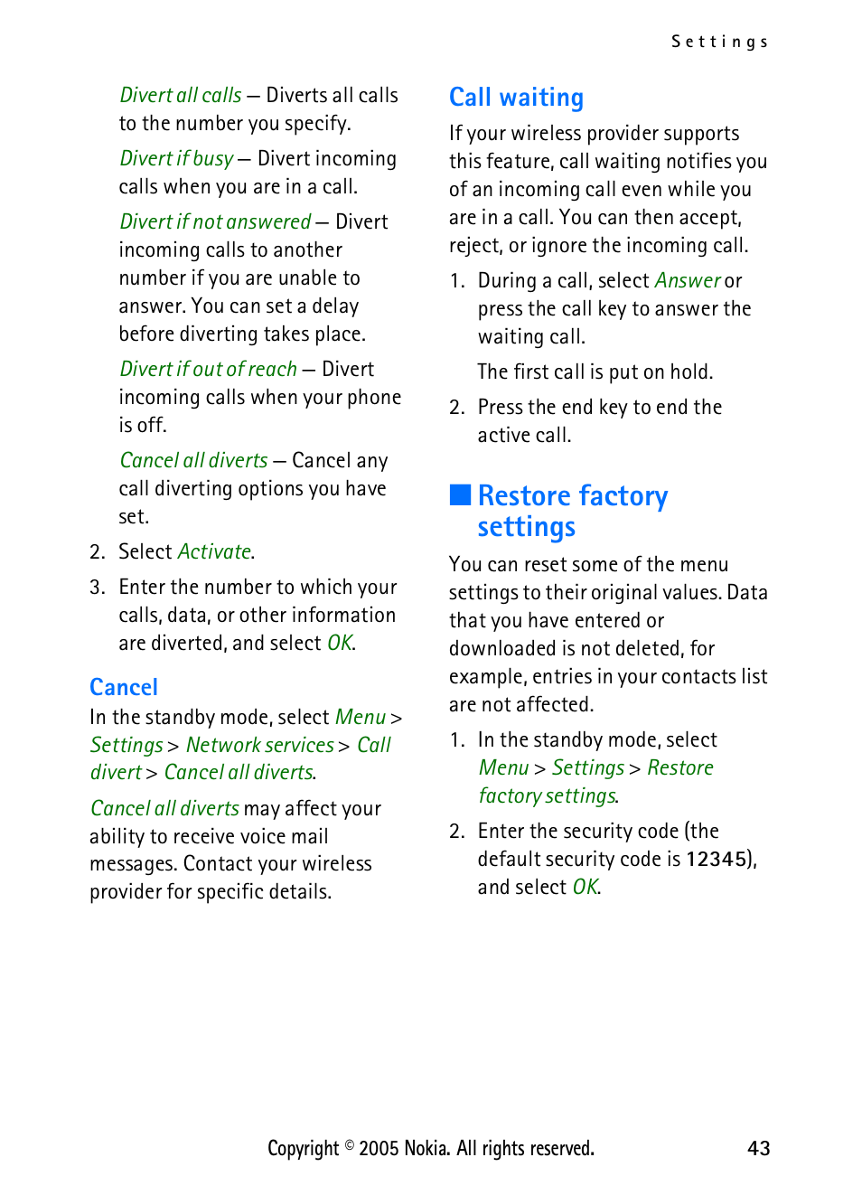 Call waiting, Restore factory settings | Nokia 2118 User Manual | Page 51 / 77