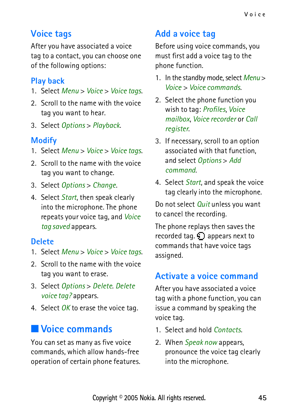 Voice tags, Voice commands, Add a voice tag | Activate a voice command, Add a voice tag activate a voice command | Nokia 2118 User Manual | Page 53 / 77