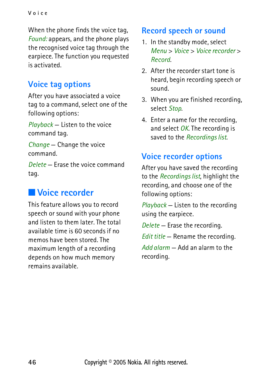 Voice tag options, Voice recorder, Record speech or sound | Voice recorder options, Record speech or sound voice recorder options | Nokia 2118 User Manual | Page 54 / 77