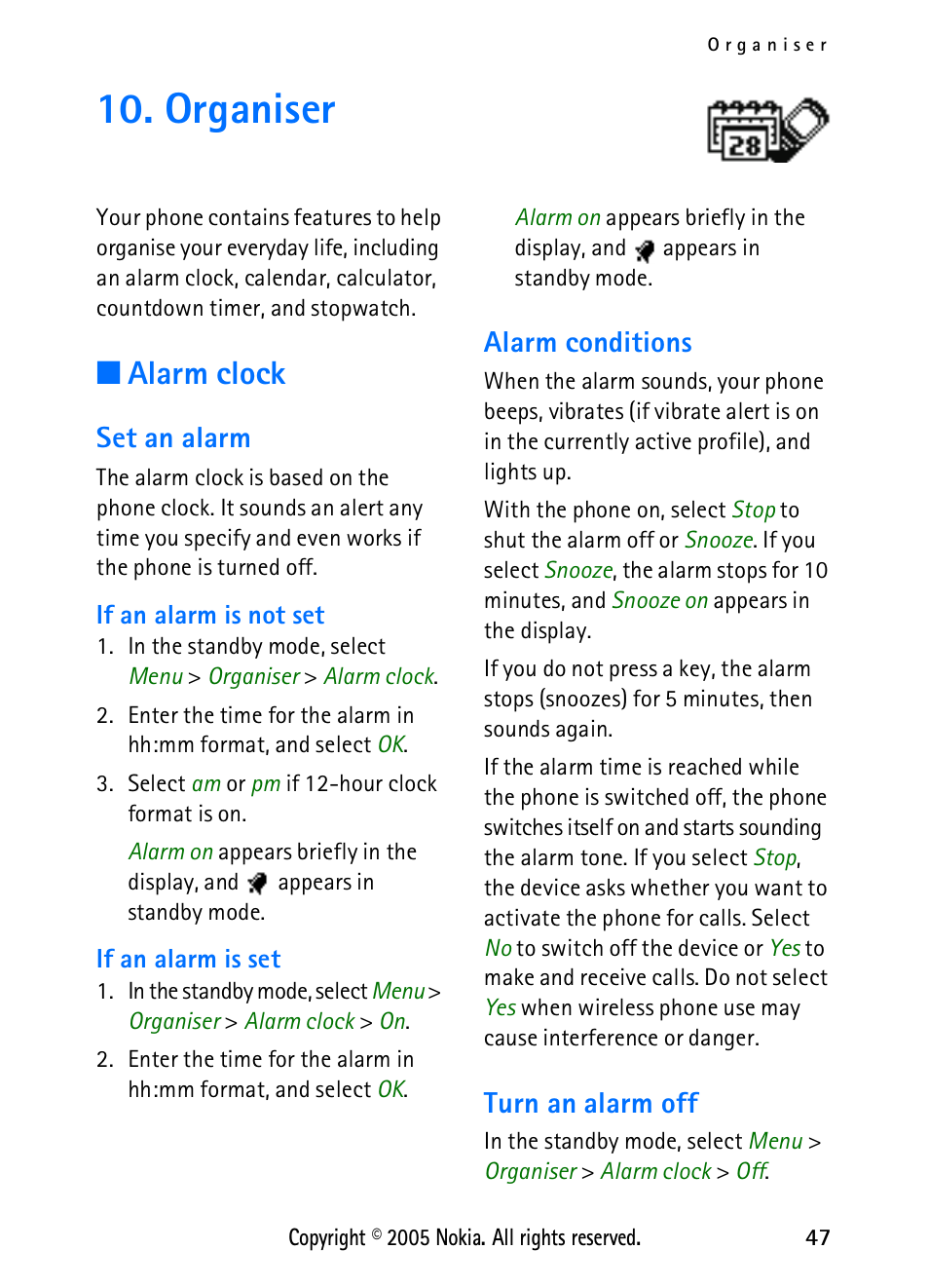 Organiser, Alarm clock, Set an alarm | Alarm conditions, Turn an alarm off, Set an alarm alarm conditions turn an alarm off | Nokia 2118 User Manual | Page 55 / 77