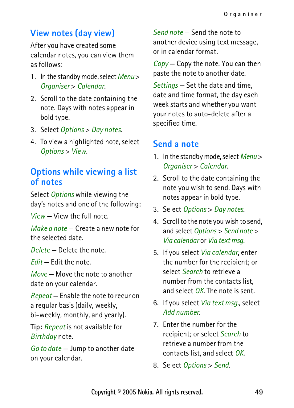 View notes (day view), Options while viewing a list of notes, Send a note | Nokia 2118 User Manual | Page 57 / 77