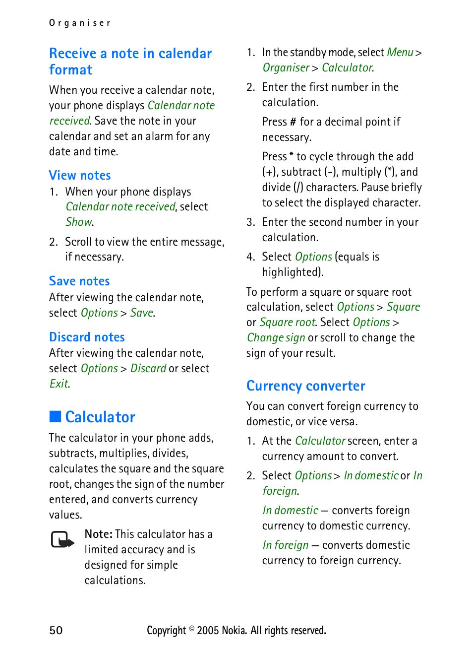 Receive a note in calendar format, Calculator, Currency converter | Nokia 2118 User Manual | Page 58 / 77