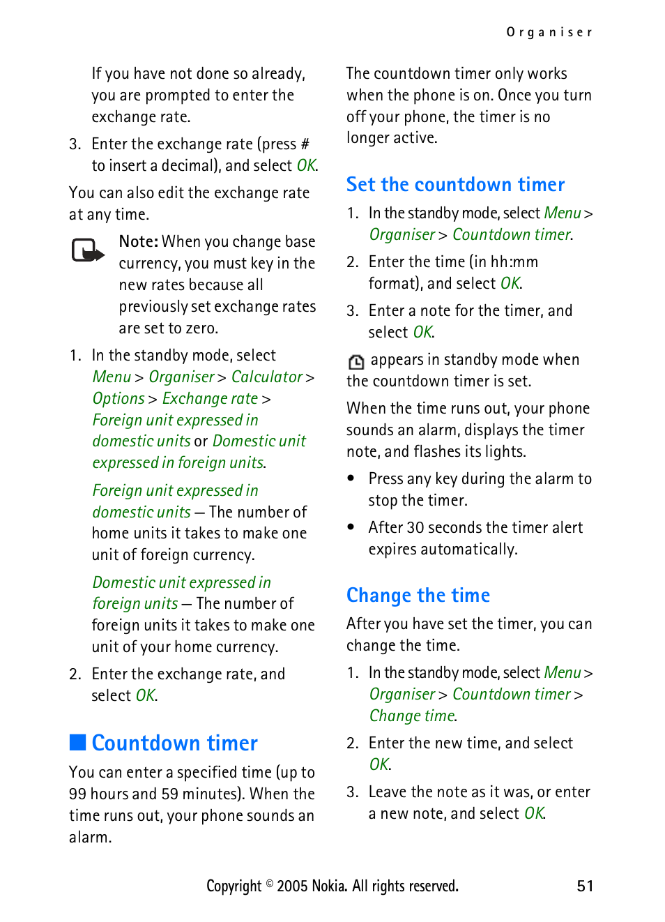 Countdown timer, Set the countdown timer, Change the time | Set the countdown timer change the time | Nokia 2118 User Manual | Page 59 / 77