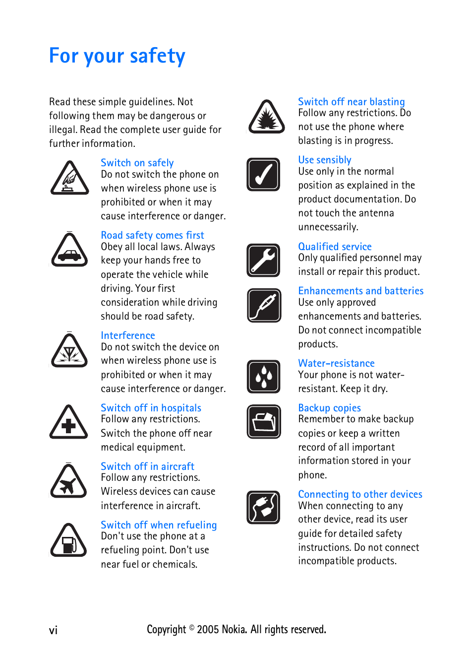 For your safety, For your safety............................. vi | Nokia 2118 User Manual | Page 6 / 77