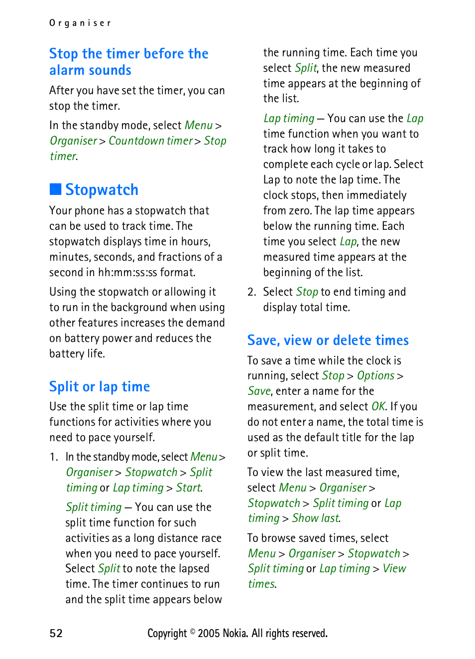 Stop the timer before the alarm sounds, Stopwatch, Split or lap time | Save, view or delete times, Split or lap time save, view or delete times | Nokia 2118 User Manual | Page 60 / 77