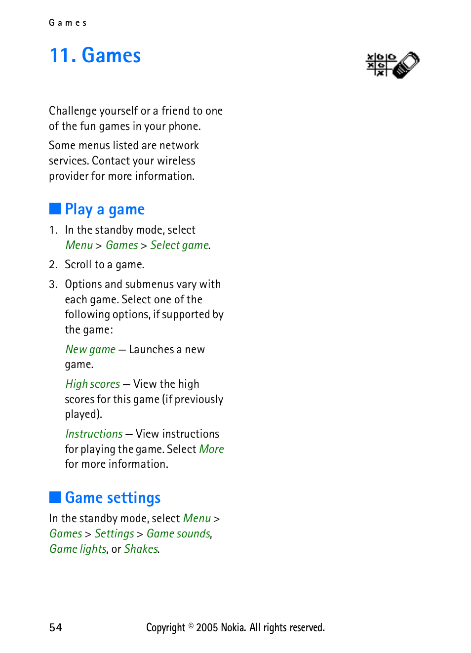 Games, Play a game, Game settings | Play a game game settings | Nokia 2118 User Manual | Page 62 / 77