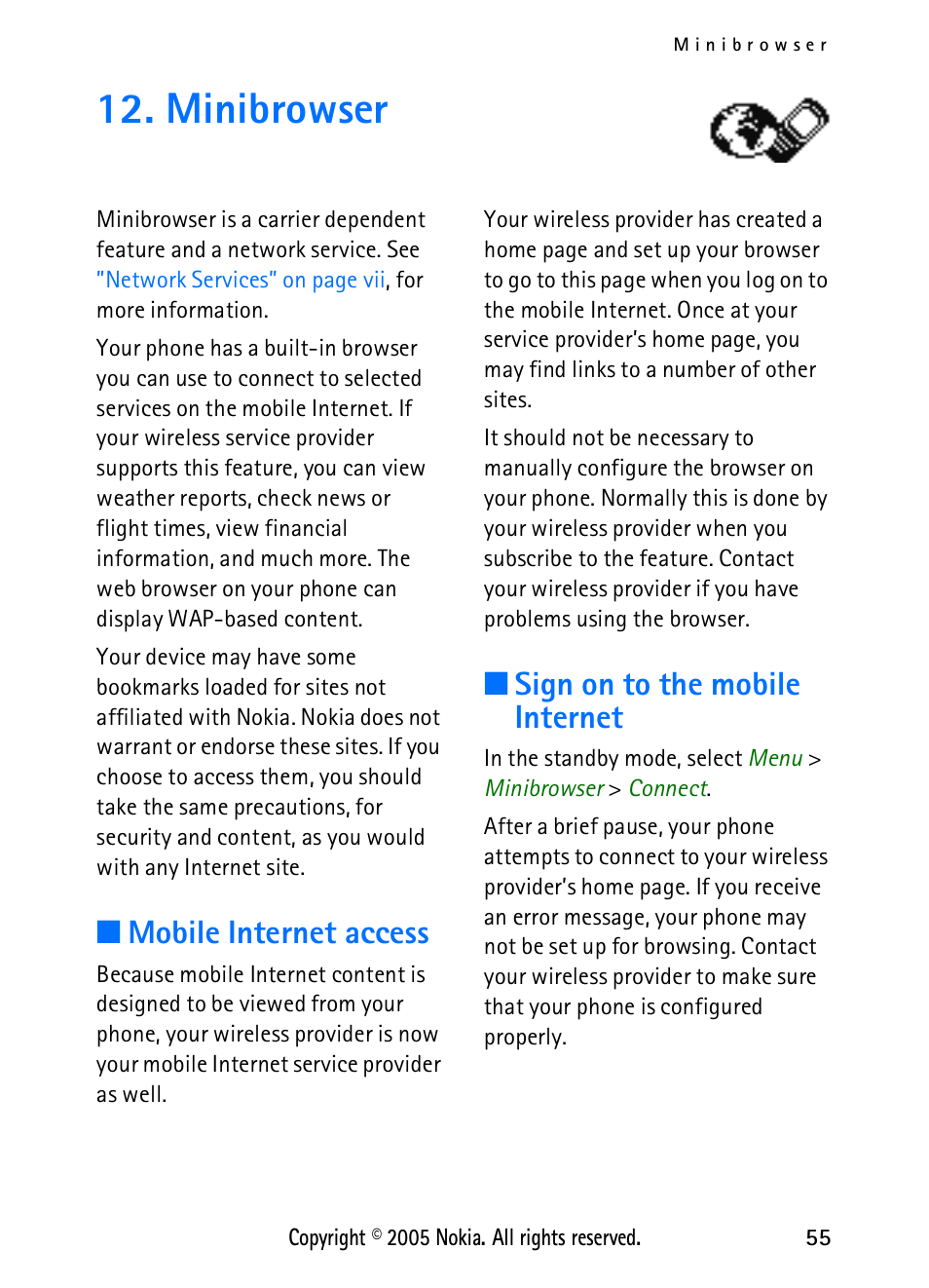 Minibrowser, Mobile internet access, Sign on to the mobile internet | Nokia 2118 User Manual | Page 63 / 77