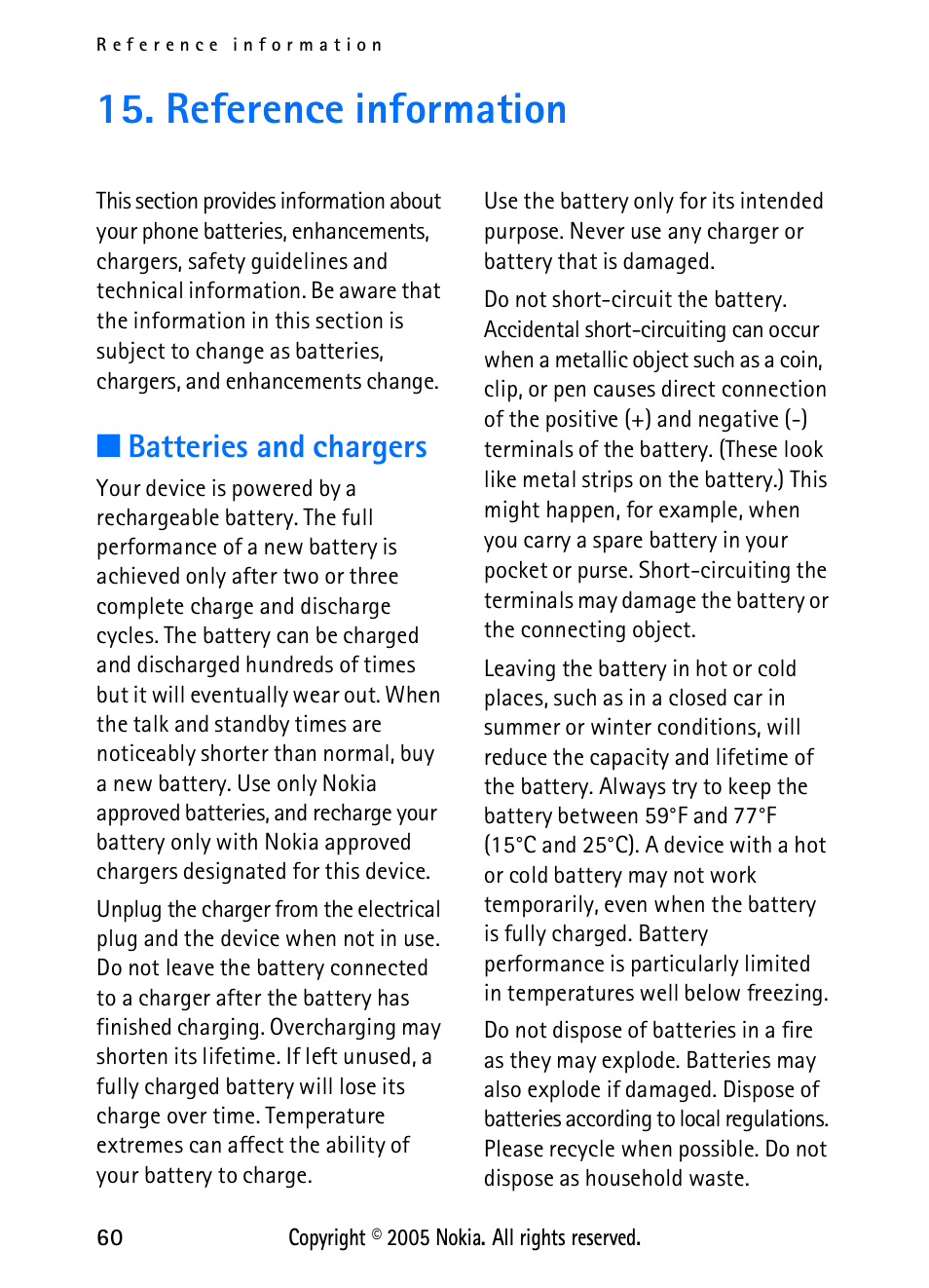 Reference information, Batteries and chargers | Nokia 2118 User Manual | Page 68 / 77