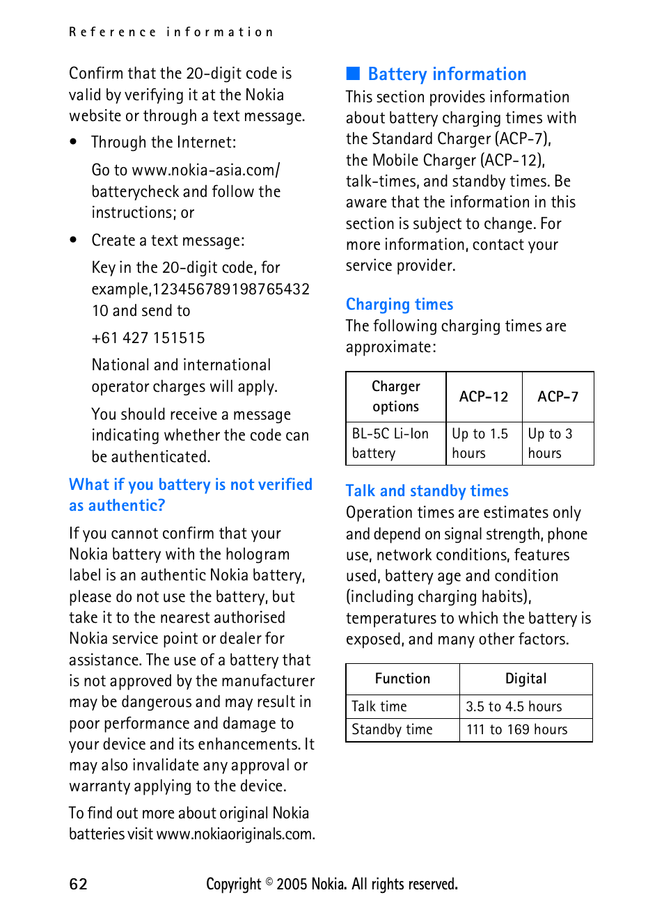 Battery information | Nokia 2118 User Manual | Page 70 / 77