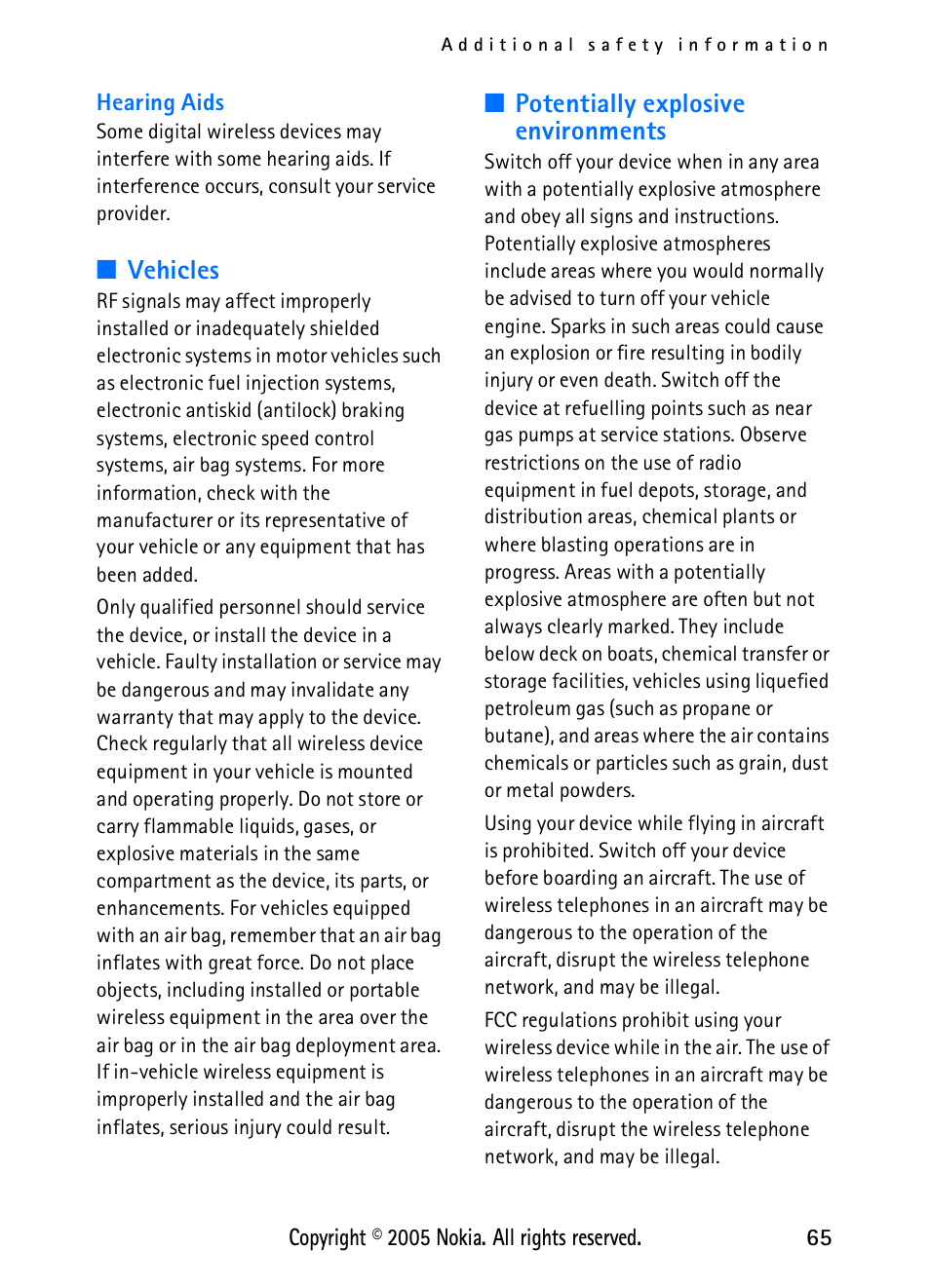 Vehicles, Potentially explosive environments | Nokia 2118 User Manual | Page 73 / 77