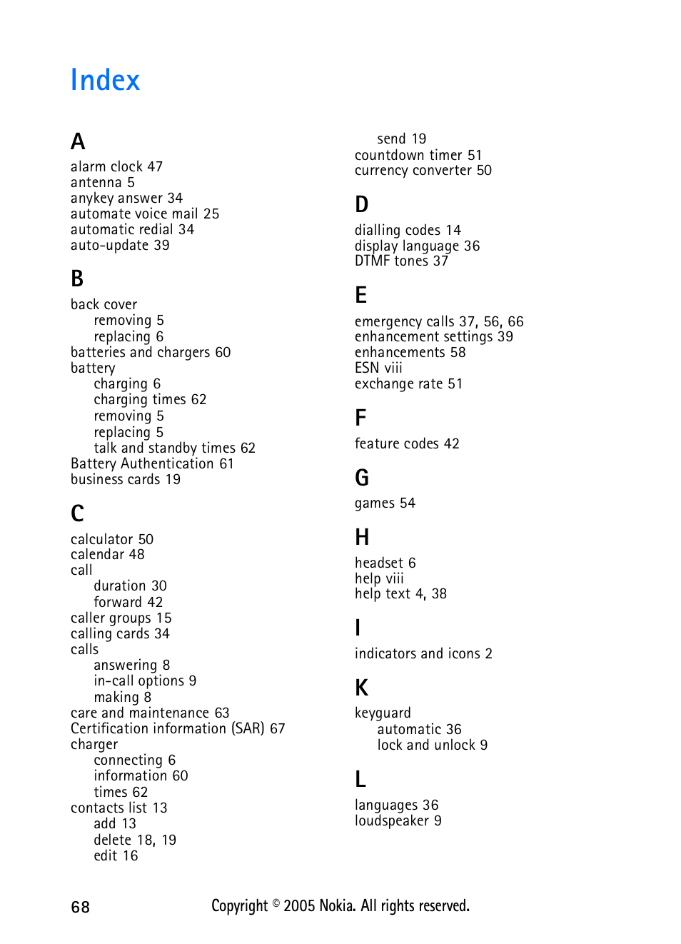 Index | Nokia 2118 User Manual | Page 76 / 77