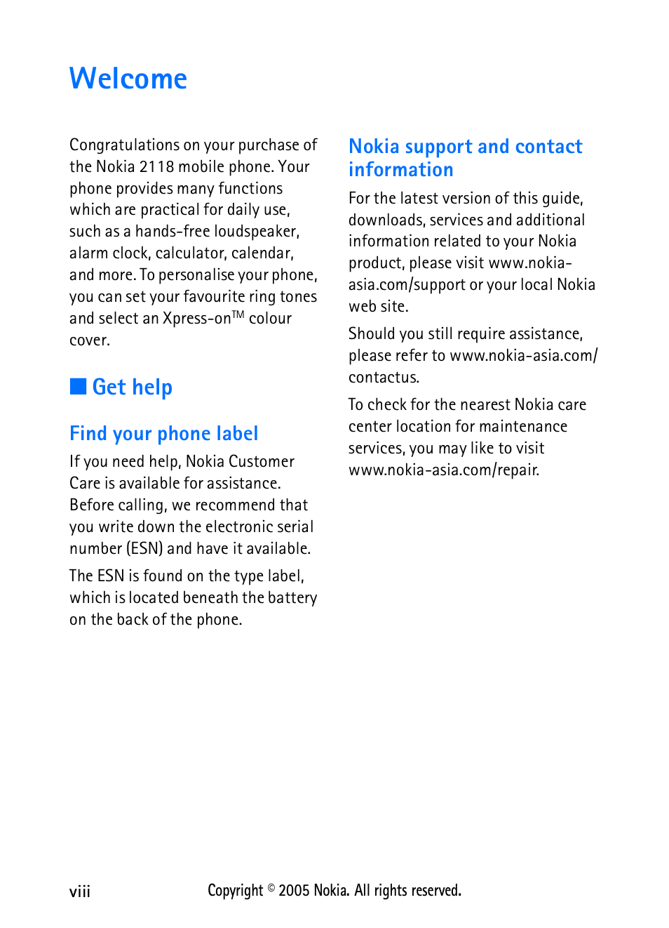 Welcome, Get help, Find your phone label | Nokia support and contact information, Welcome .................................... viii | Nokia 2118 User Manual | Page 8 / 77