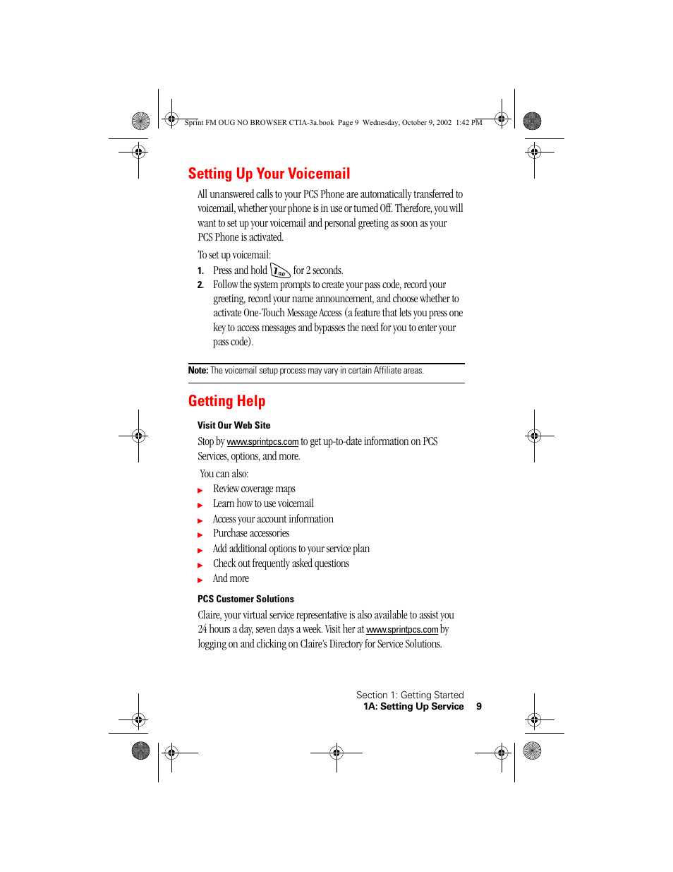 Setting up your voicemail, Getting help, Visit our web site | Pcs customer solutions | Nokia 3585 User Manual | Page 15 / 144