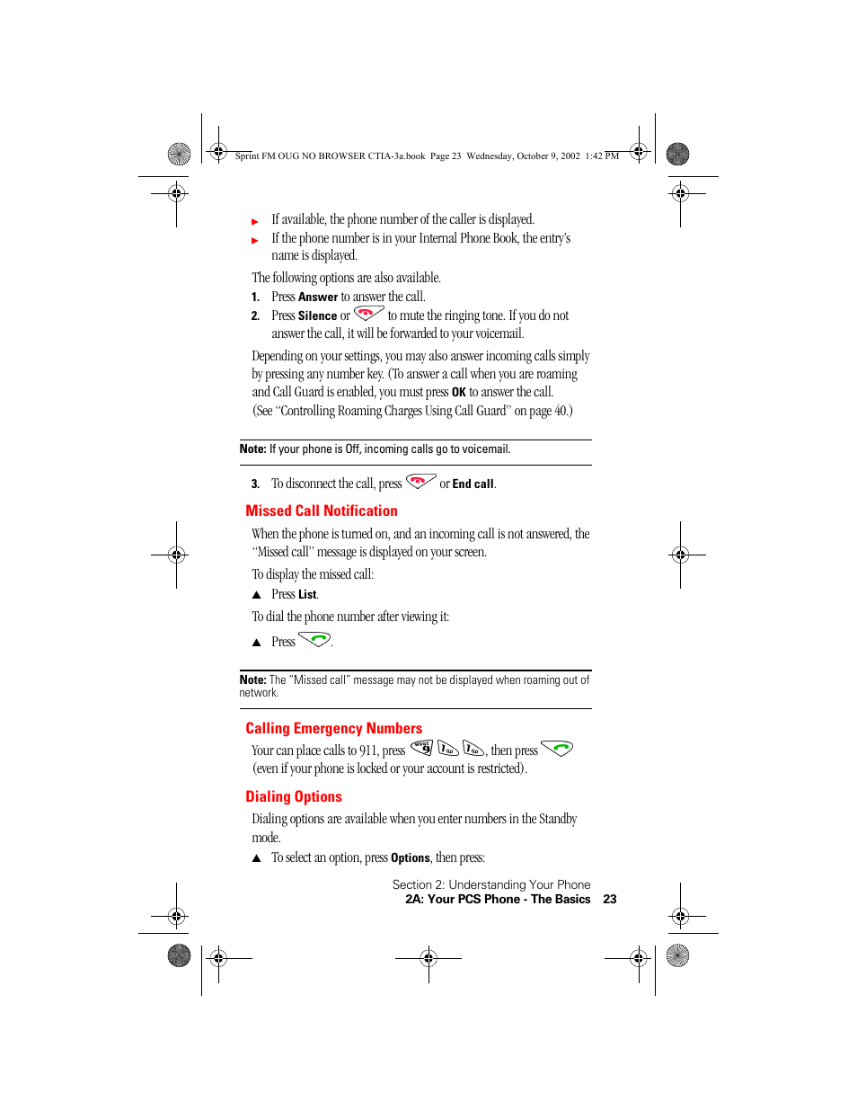 Missed call notification, Calling emergency numbers, Dialing options | Nokia 3585 User Manual | Page 29 / 144