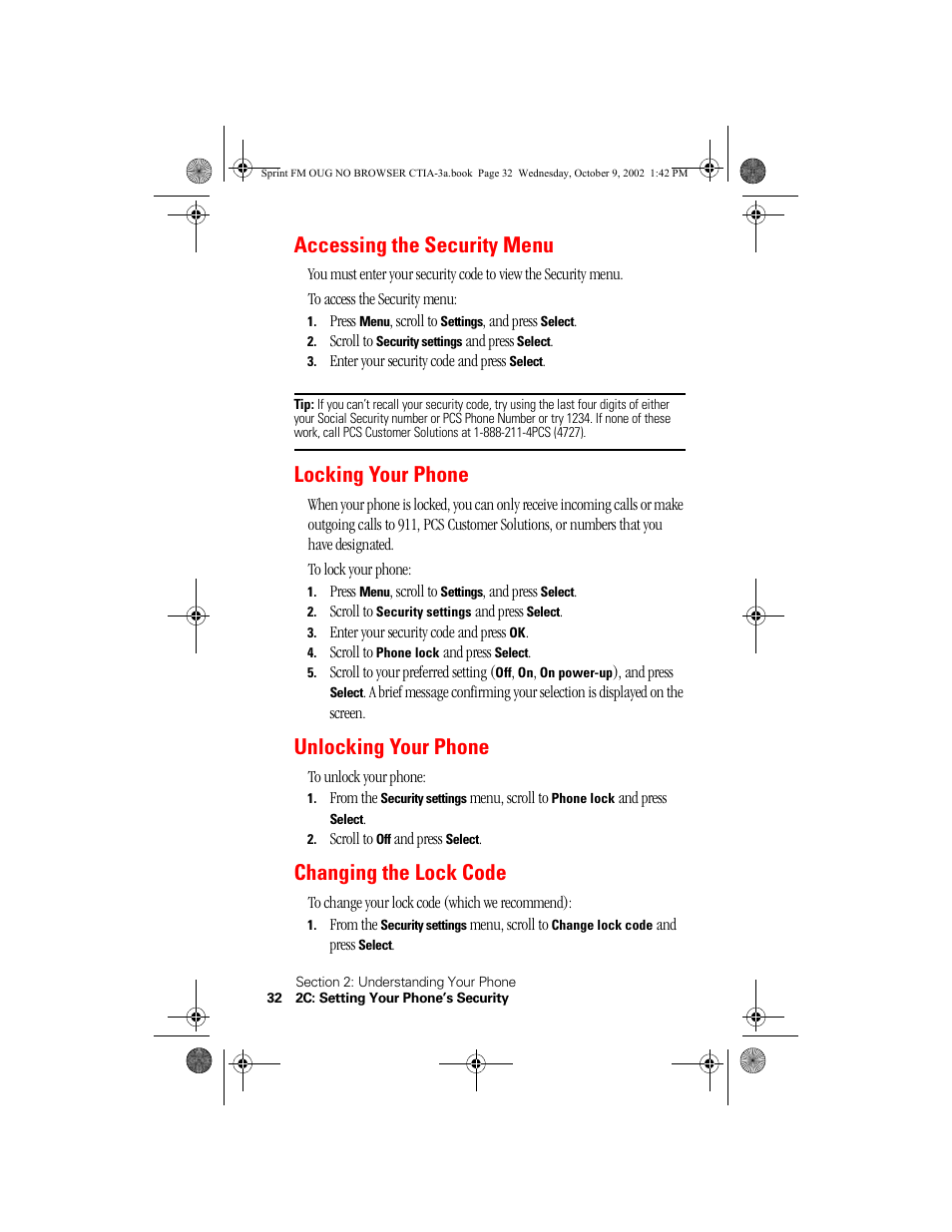 Accessing the security menu, Locking your phone, Unlocking your phone | Changing the lock code | Nokia 3585 User Manual | Page 38 / 144