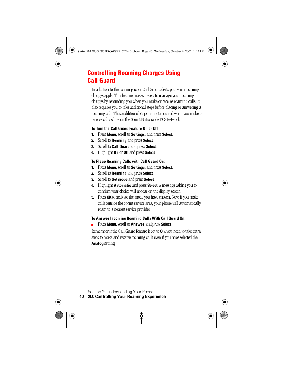 Controlling roaming charges using call guard, To turn the call guard feature on or off, To place roaming calls with call guard on | Nokia 3585 User Manual | Page 46 / 144