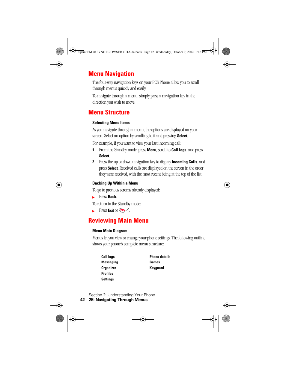 Menu navigation, Menu structure, Selecting menu items | Backing up within a menu, Reviewing main menu, Menu main diagram, Call logs | Nokia 3585 User Manual | Page 48 / 144