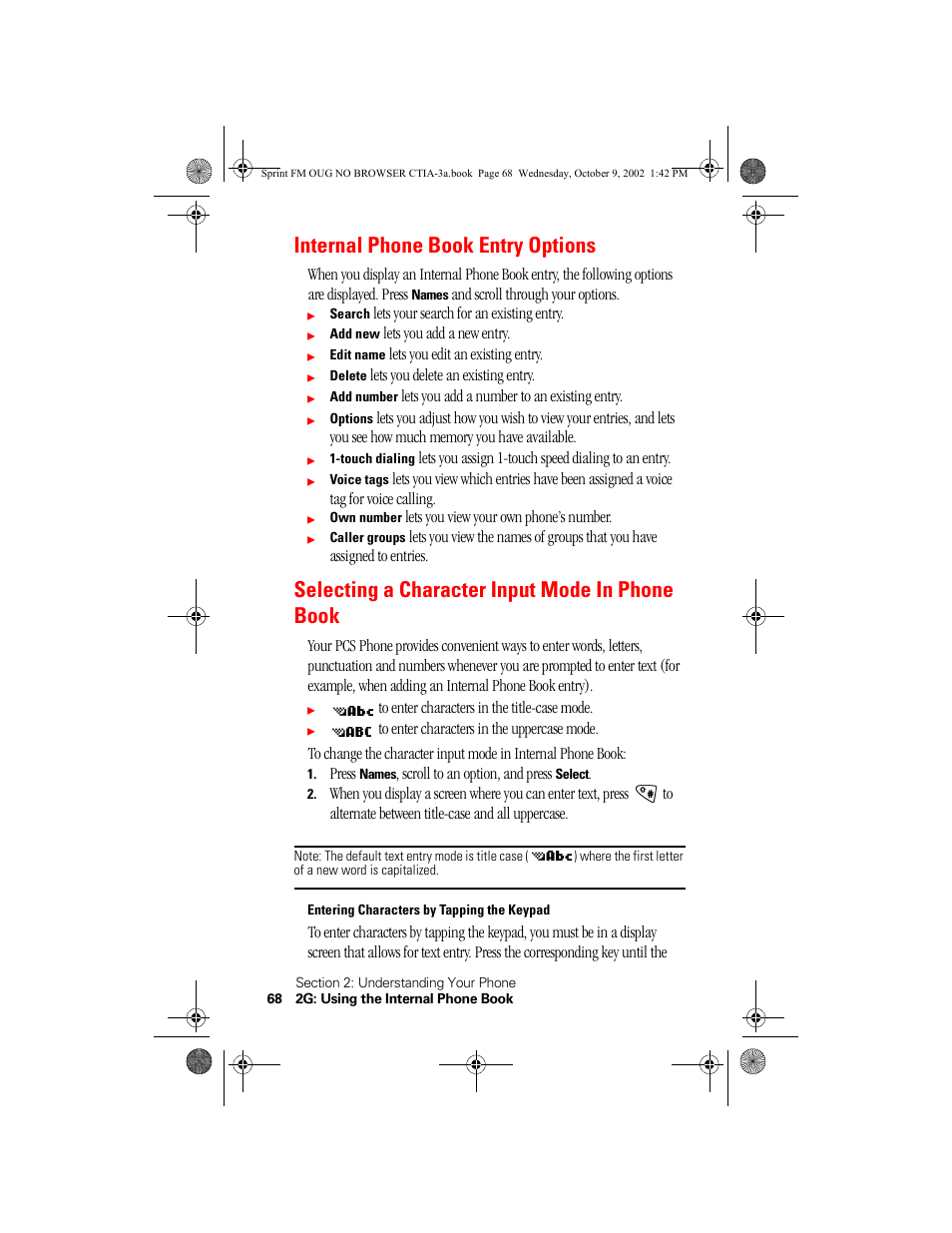 Internal phone book entry options, Selecting a character input mode in phone book, Entering characters by tapping the keypad | Nokia 3585 User Manual | Page 68 / 144