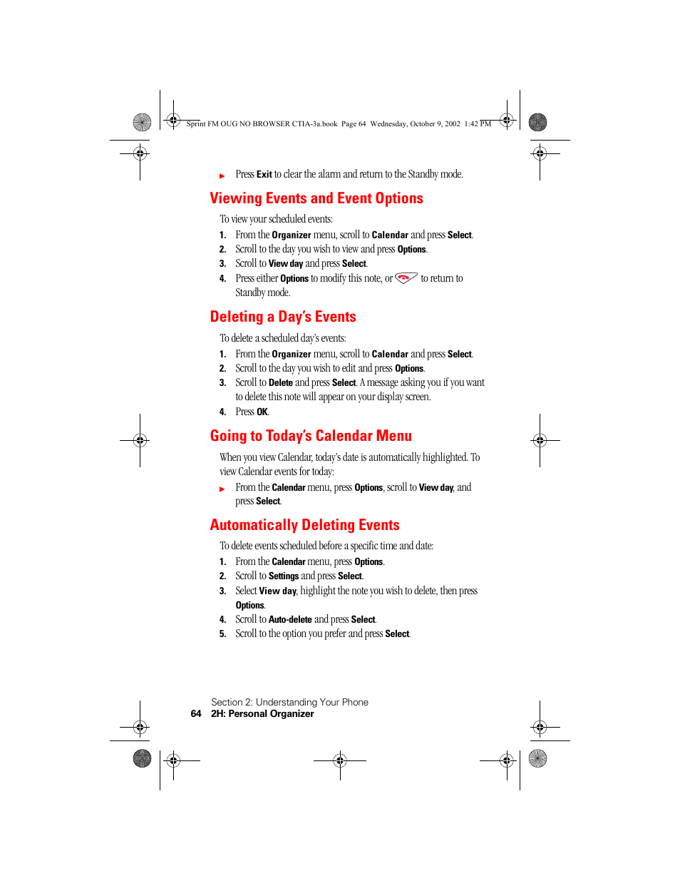 Viewing events and event options, Deleting a day’s events, Going to today’s calendar menu | Automatically deleting events | Nokia 3585 User Manual | Page 76 / 144